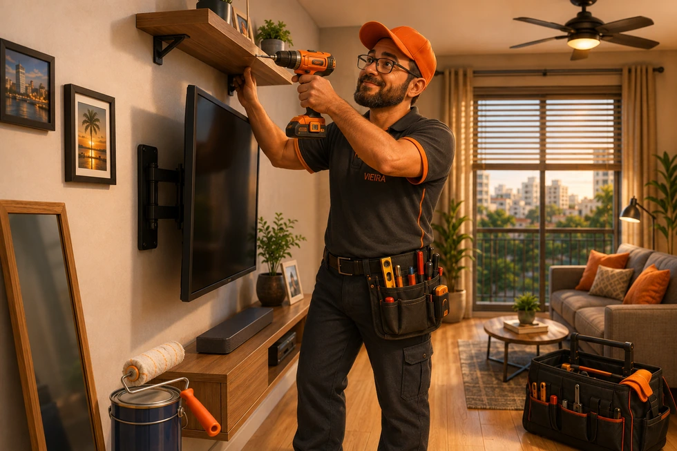 Vieira instalando prateleira com furadeira em sala com TV no suporte, quadros, espelho, persiana e piso laminado